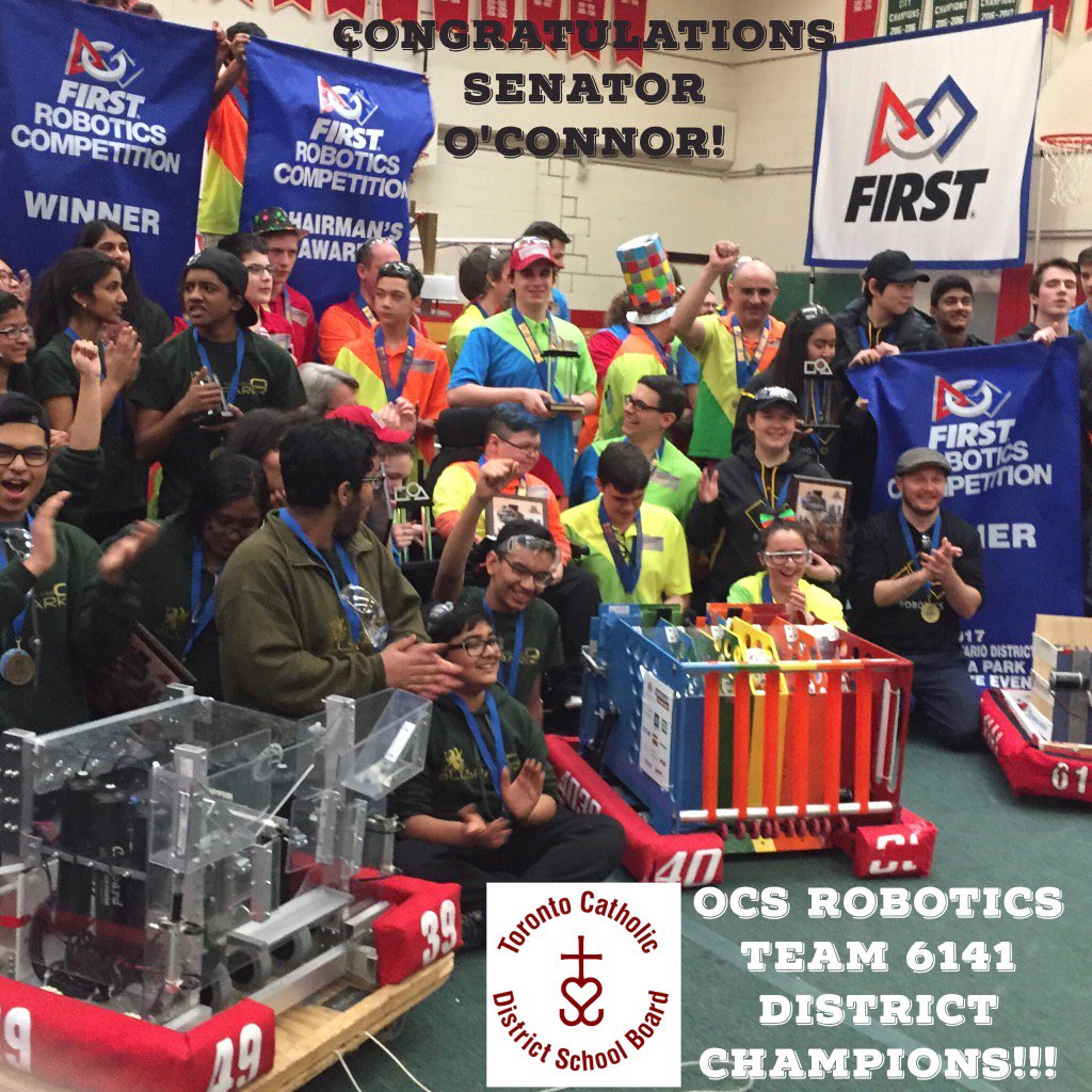 Congratulations <a href="/TCDSB/">Toronto Catholic District School Board</a> 's Senator O'Connor School OCS Robotics Team 6141 are FRC District Champions!!! @OCSprincipal