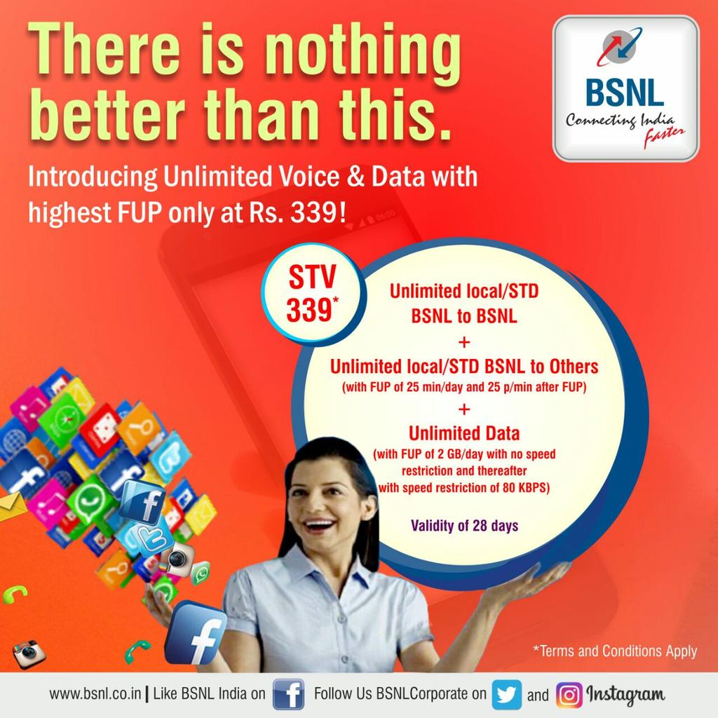 BSNLCorporate's tweet photo. #BSNL presents the best, unmatched Data &amp; Voice plan for only Rs.339/-! 
Indeed, there is nothing better than this! https://t.co/IG1LPhM6cq