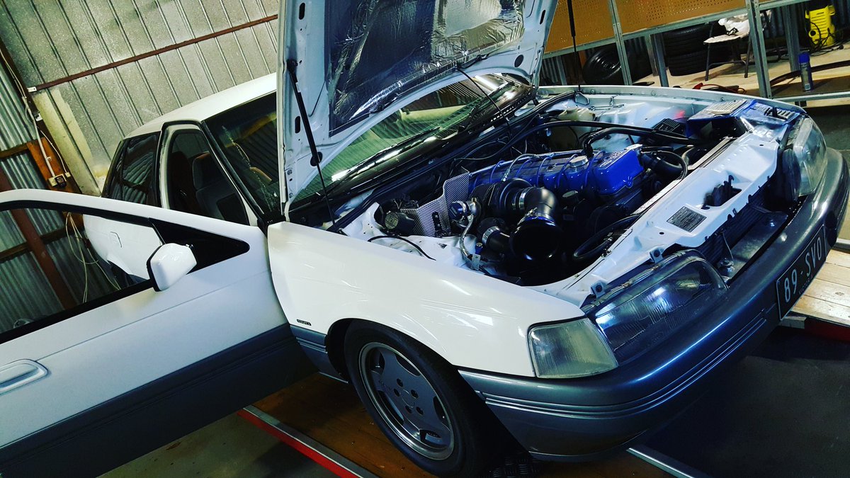 torqueline2017's tweet photo. This Turbocharged Ford Falcon EA SVO is in for a tune touch-up before running the strip. Currently runs 11.7 with stock bottom end https://t.co/1jCeUig949