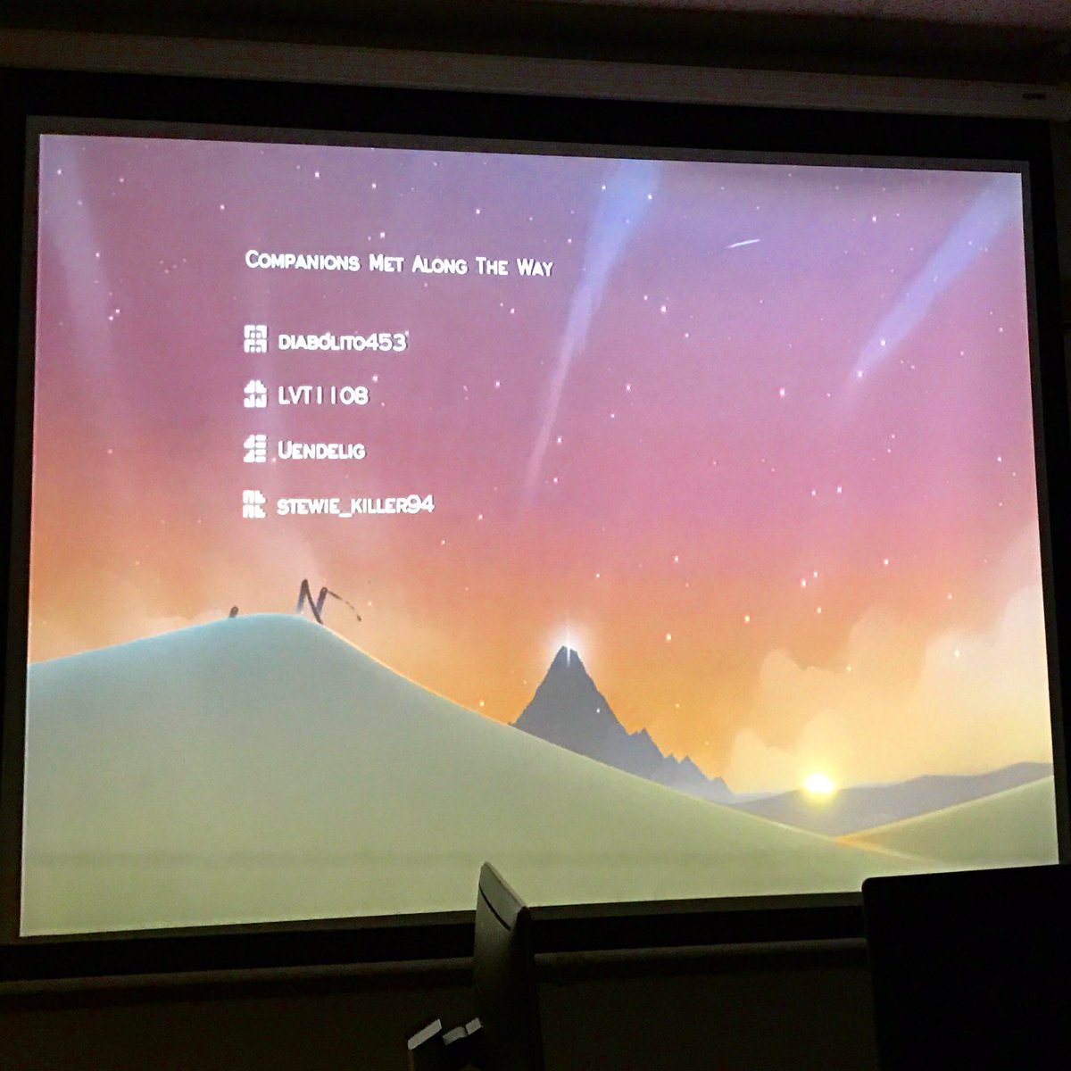 robmsantos's tweet photo. If this is your #PlayStation username, you played #Journey with my Video Game Design II class tonight! #psn #gameprof @thatgamecompany https://t.co/q3UHa21Kk9