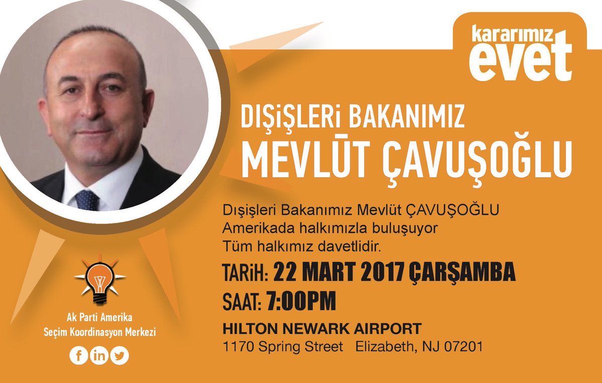 Dışişleri Bakanımız Mevlüt Çavuşoğlu Amerika'da bizlerle buluşuyor.
Tüm halkımız davetlidir.
#amerikadanevet #daimamilletkararımızevet