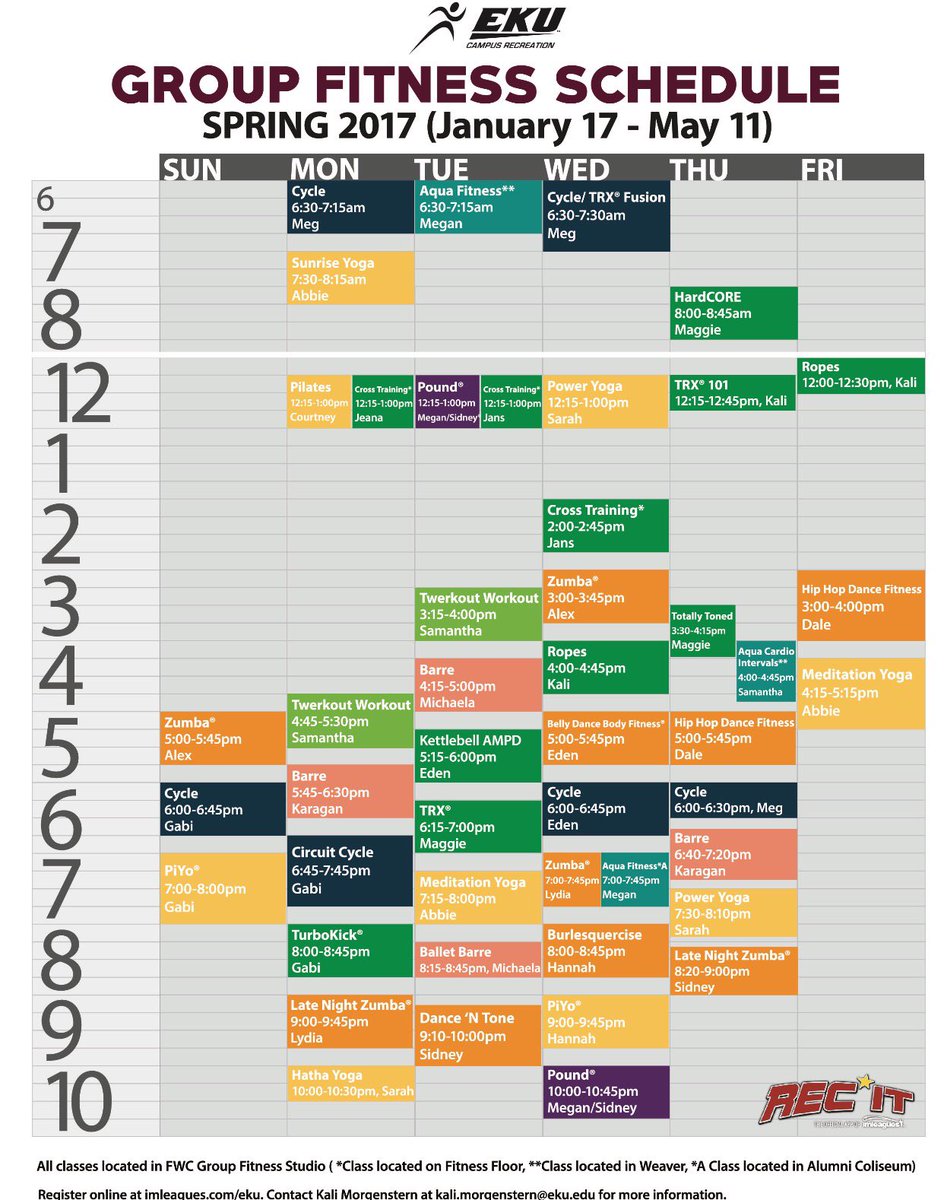 EKUCampusRec's tweet photo. Here is our updated group fitness schedule! Grab a friend and check out the new Pound® classes that were added 💪🏼 https://t.co/kg6gZ1xSPr