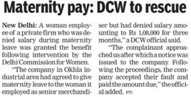 DaaruBaazMehta's tweet image. DCW intervenes to get a women employee to get maternity leave pay from the employer. Thx @SwatiJaiHind @ArvindKejriwal