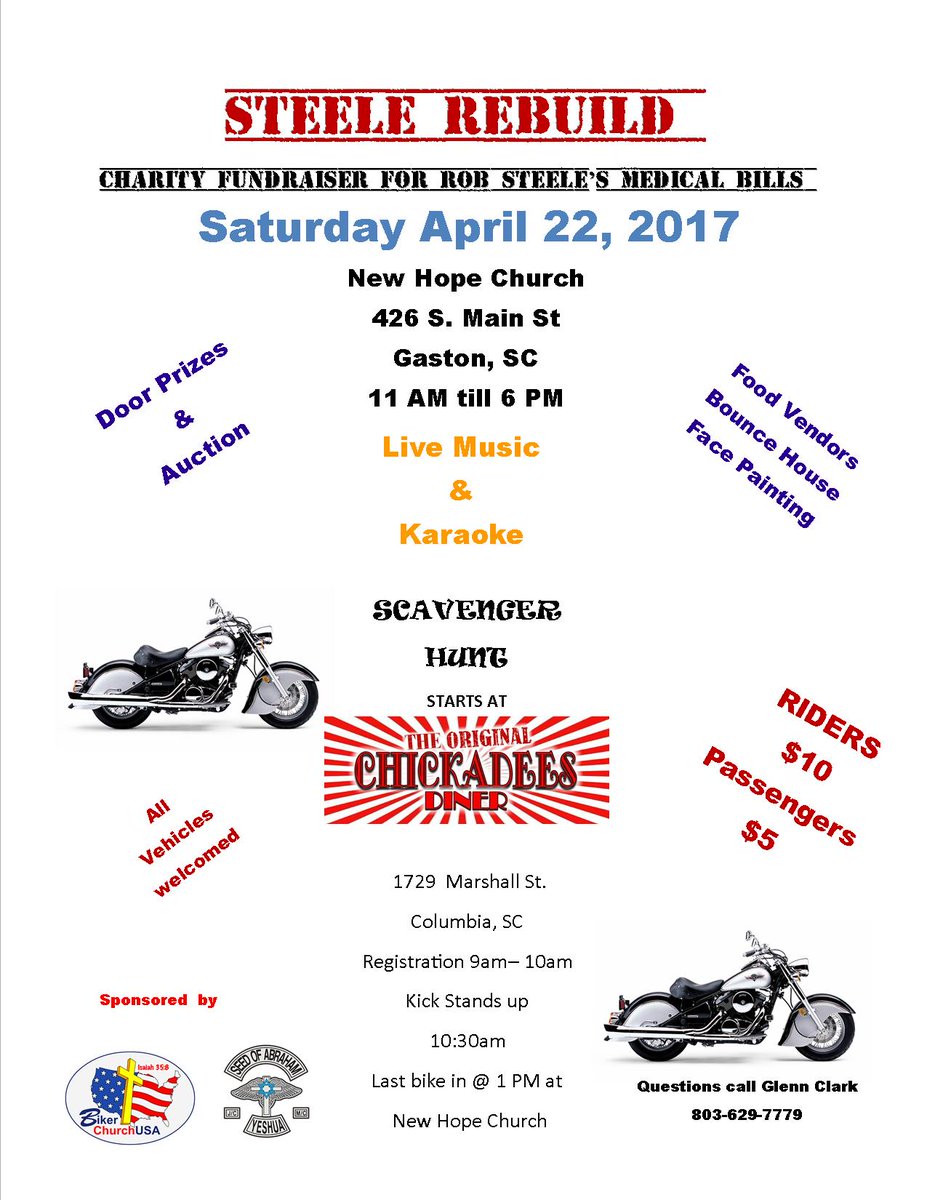 SOAMCSC's tweet photo. https://t.co/TfOTxG7Tyx and #SOAMC SC join forces to sponsor Steele Rebuild April 22nd, starts at @ChickadeesDiner ends at New Hope, Gaston https://t.co/96Sn5ULoQH