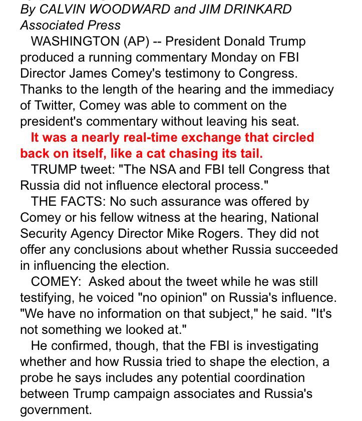 kylegriffin1's tweet photo. This @AP line on Trump's hearing tweets: "It was a nearly real-time exchange that circled back on itself, like a cat chasing its tail." https://t.co/hlVi08KRZE