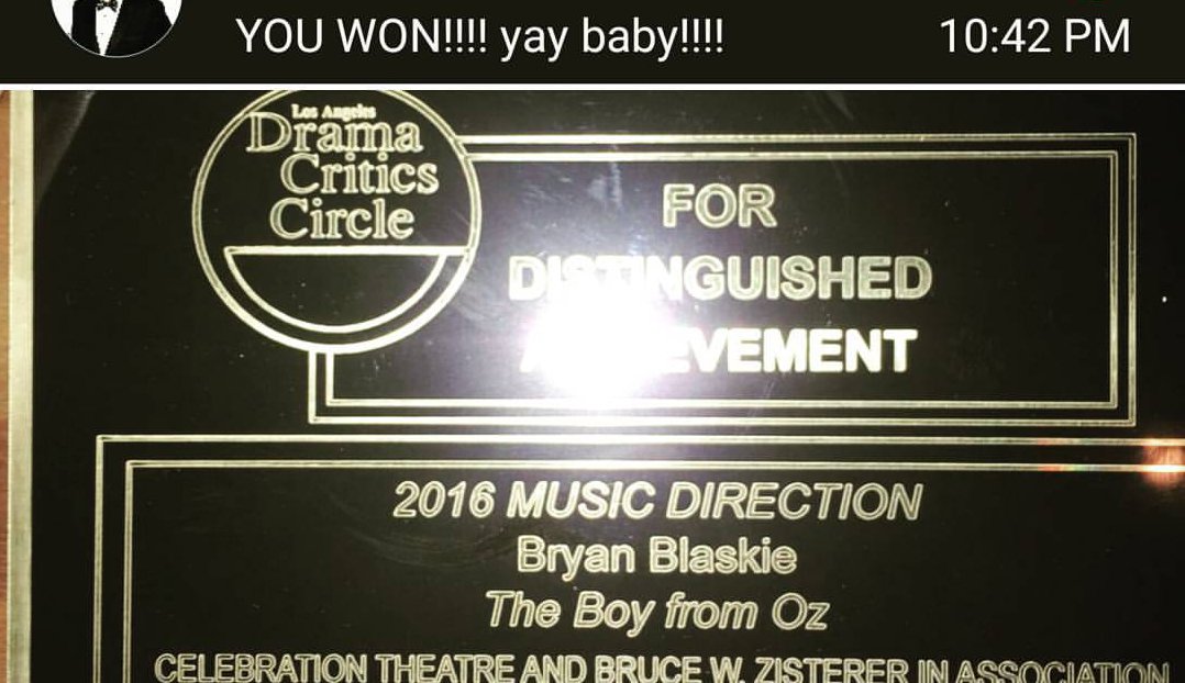 AriaForACow's tweet photo. Our bull &amp; musical director, @bryanblaskie, just won an LA Drama Critics Circle award for musical direction for Boy from Oz! Congrats!!! https://t.co/jN9PQkc3Se