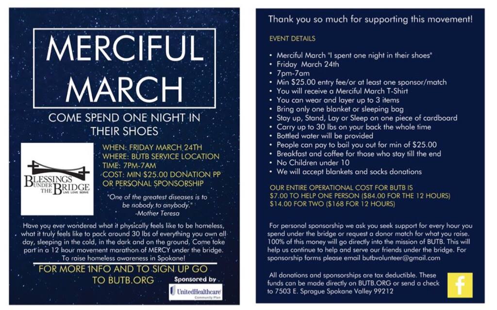 BUTB_SpokaneWA's tweet photo. Still looking for sponsors/joiners for the #MercifulMarch this friday @ 7pm.Thank you to whom already supported! #live #love #serve #butb https://t.co/CTOJ4ewcBd