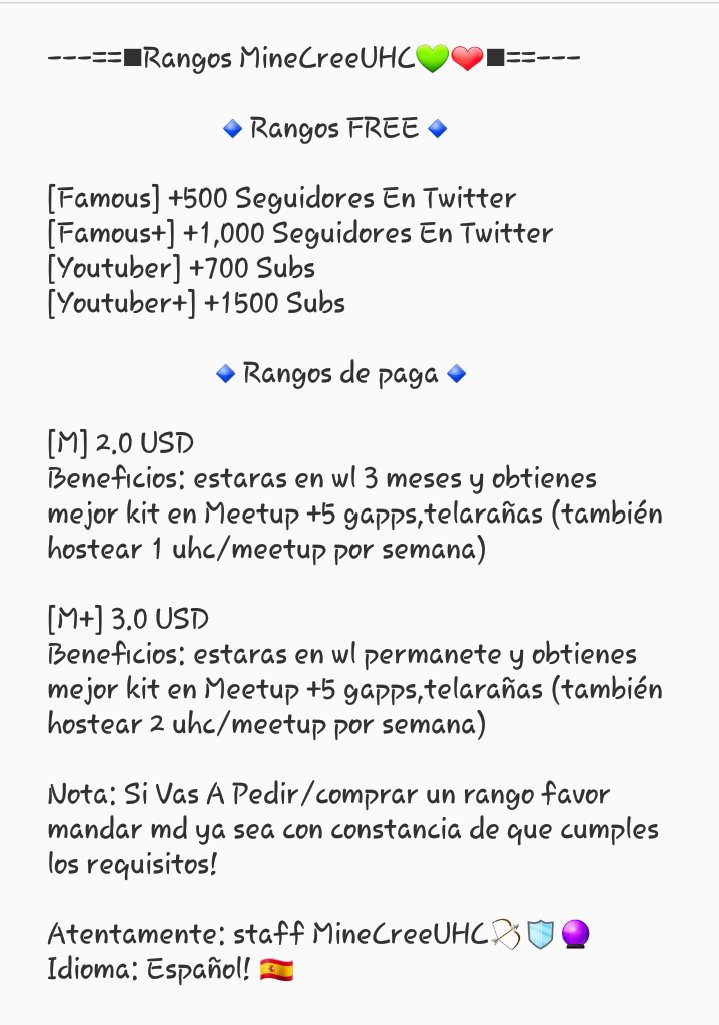 MineCreeUHC's tweet photo. -==Rangos Oficiales De MineCreeUHC==-
▪idioma: Español🇪🇸 Y Ingles🇺🇸
 Nuestro Ingles Es Un Poco Malo! https://t.co/kc0lfuazsS