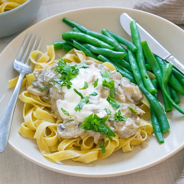Grab a fork and dig in - Mushroom Stroganoff over Fresh Tagliatelle Pasta.