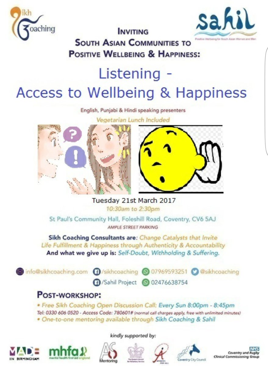 Join us tomorrow Tue 21 Mar to address LISTENING - Access to Wellbeing &amp; Happiness.
Happy #InternationalDayOfHappiness
<a href="/SikhCoaching/">Sikh Coaching</a>