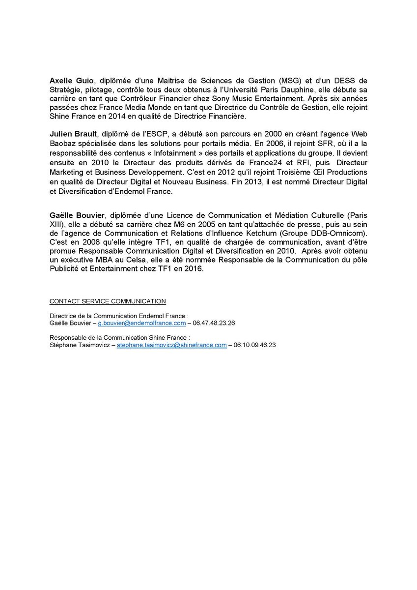 [Communiqué de presse] Nominations à la Direction d’ #EndemolShine France