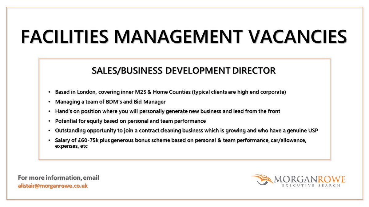 MorganRoweFM's tweet image. Sales/Business Development Director vacancy - exciting London based contract cleaning business. Email alistair@morganrowe.co.uk for info