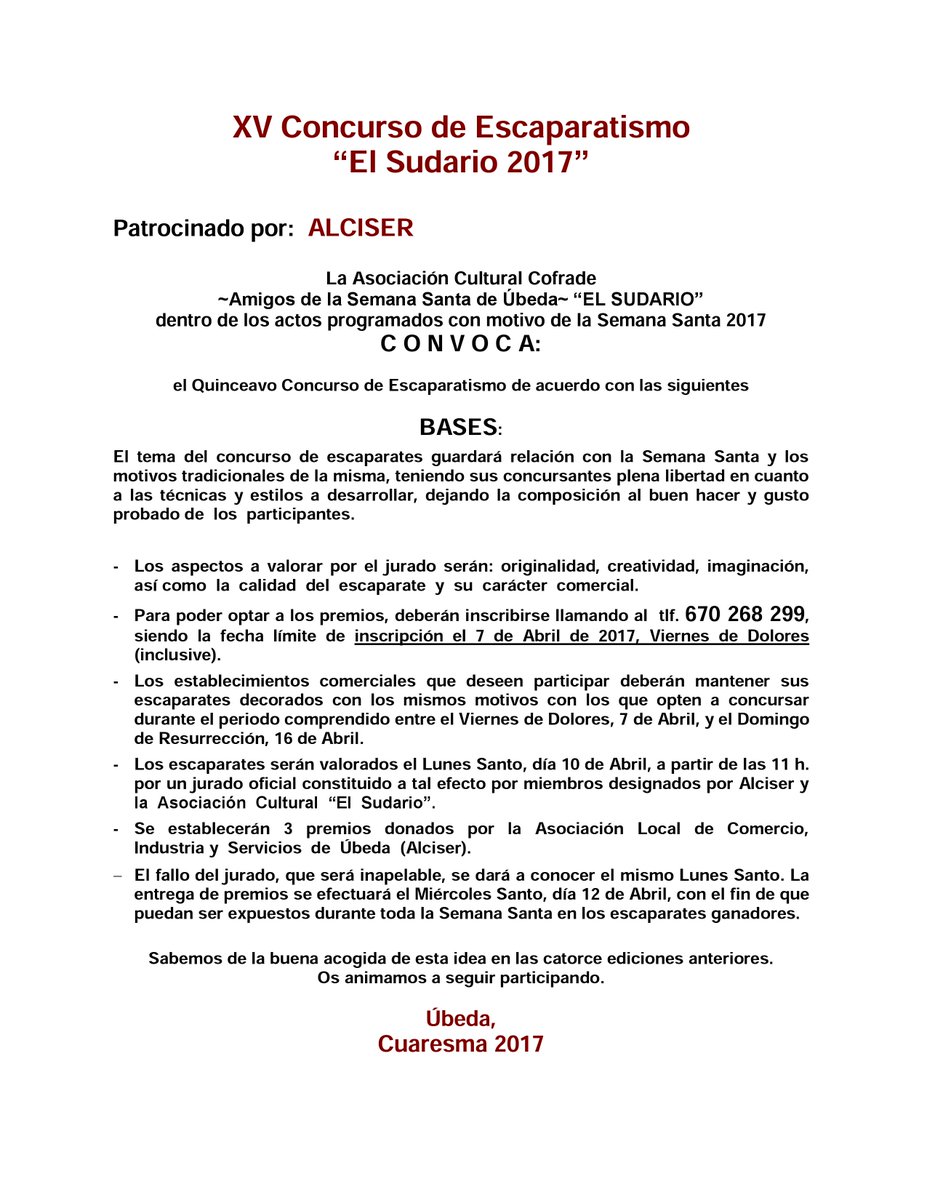alciser's tweet photo. #Buenosdías! Os informamos sobre el #CONCURSO DE ESCAPARATISMO que, con motivo de la #SemanaSanta, organiza #CCA #ALCISER y @ElSudario https://t.co/RaLbyMjCsU