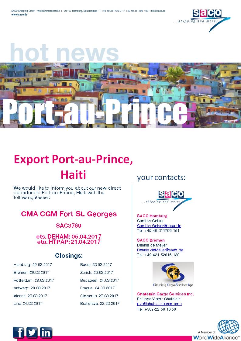We like to inform you about our new #direct #NVOCC #LCL #Export departure from #Hamburg to #PortauPrince, #Haiti

secure.saco.de/en/news/detail…