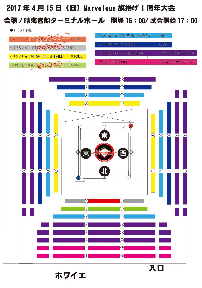 マーベラスプロレス Marvelous ４月１５日 土 マーベラス旗揚げ１周年大会 試合開始１７ ００ スーパーシート席 特別リングサイド席 A席 完売 リングサイド席 自由席 残り僅か 株 マーベルカンパニー ローソンチケット イープラス チケットぴあ