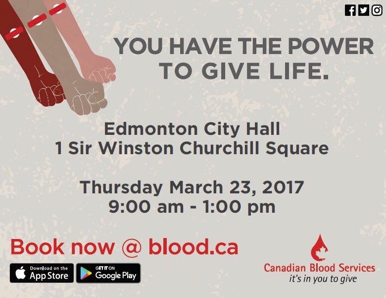 Blood is red, veins are blue, our clinic at City Hall this Thursday NEEDS YOU! 48 open appointments still to be filled #WorldPoetryDay #yeg