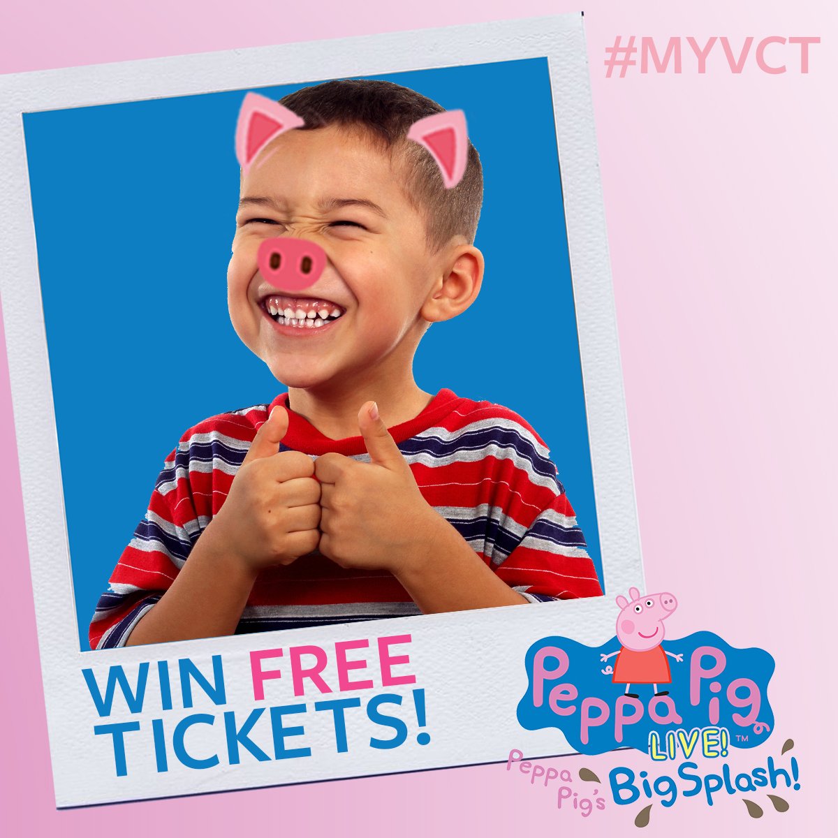 Vancivictheatre's tweet photo. Enter to win #PeppaPig tickets! Share a photo and add some piggy face stickers to enter the giveaway. Retweet us for extra entries! #myvct https://t.co/E68IcsiqNj