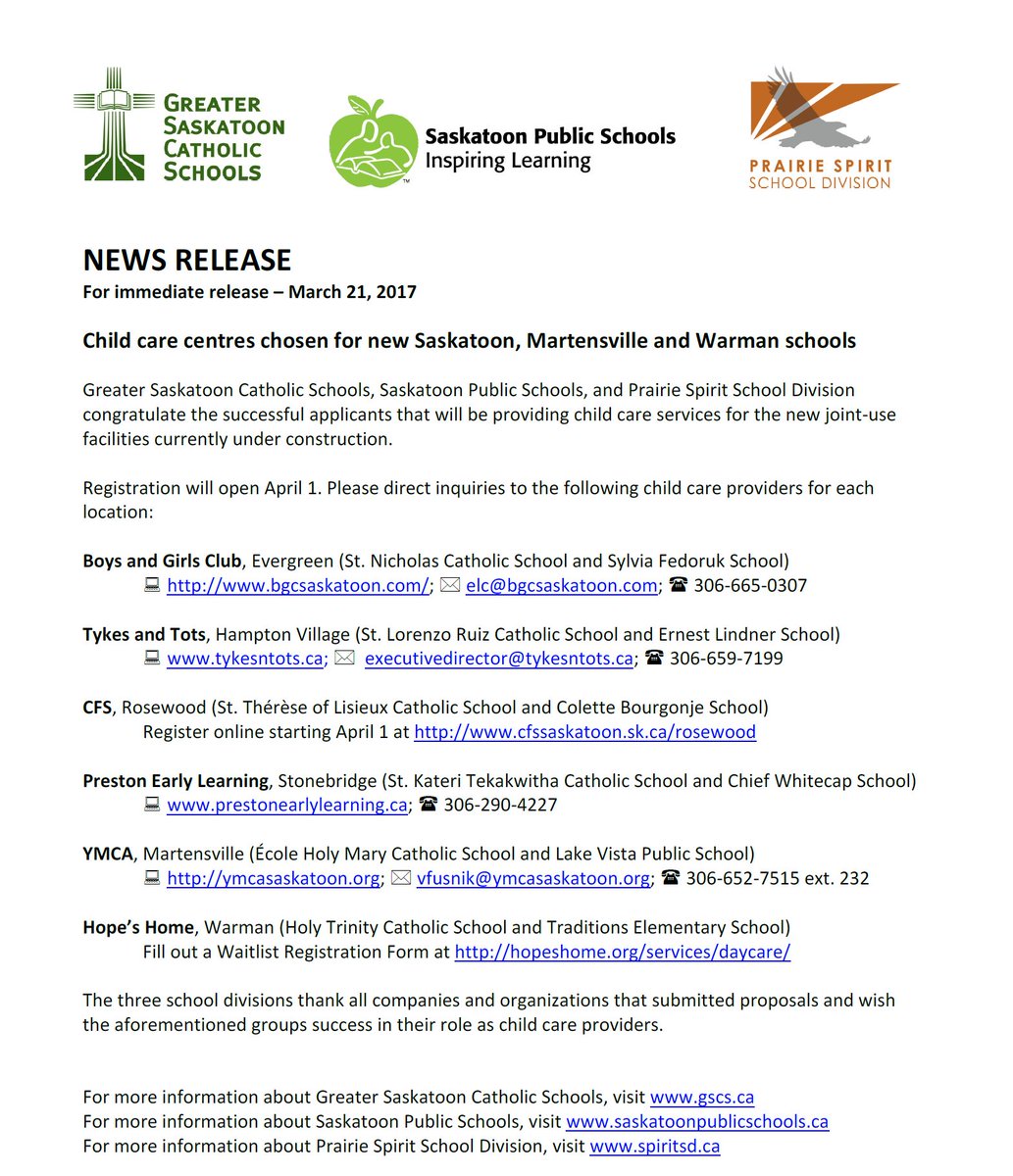 stnicsaskatoon's tweet photo. Exciting announcement regarding childcare for our new schools! @GSCSNews https://t.co/Sn92ZHwZGM