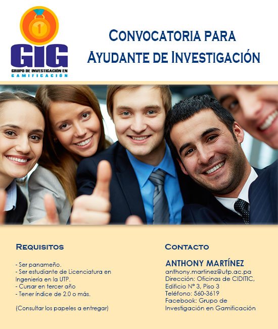 utpciditic's tweet photo. El Grupo de Investigación en Gamificación, realiza convocatoria en busca de un ayudante de investigación. #GIG #CIDITIC @utppanama https://t.co/jkIXdmXBvU