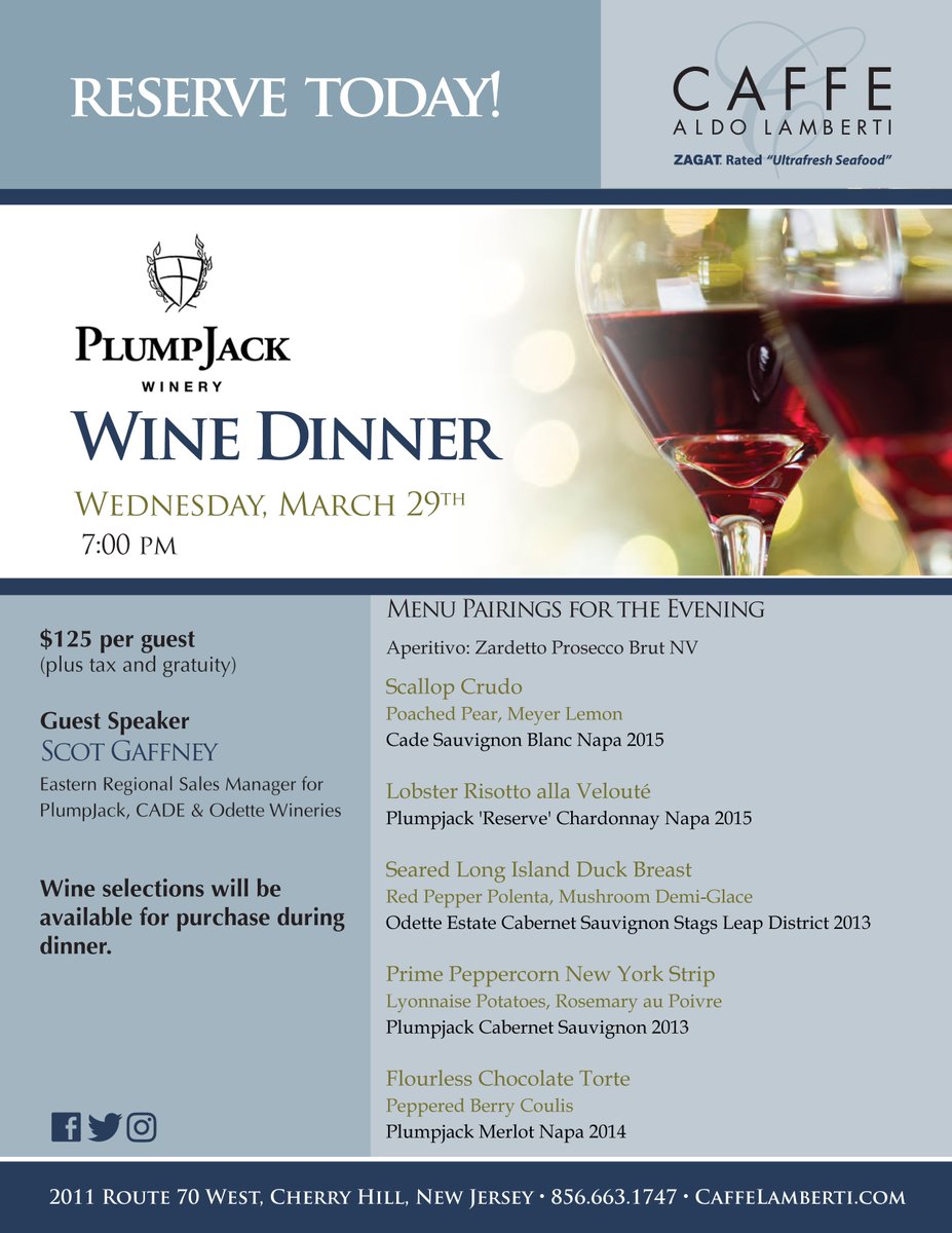 Caffe Aldo Lamberti (@caffelamberti) on Twitter photo Our <a href="/PlumpJackWinery/">PlumpJackWinery</a> dinner on 3/29 is almost sold out! Don’t miss out and reserve today – 856.663.1747. Our <a href="/PlumpJackWinery/">PlumpJackWinery</a> dinner on 3/29 is almost sold out! Don’t miss out and reserve today – 856.663.1747.