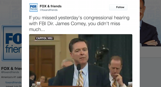 thehill's tweet photo. Fox News to viewers: "You didn't miss much" at Comey hearing https://t.co/eLVSWdy2u0 https://t.co/TZCxfrtdOu