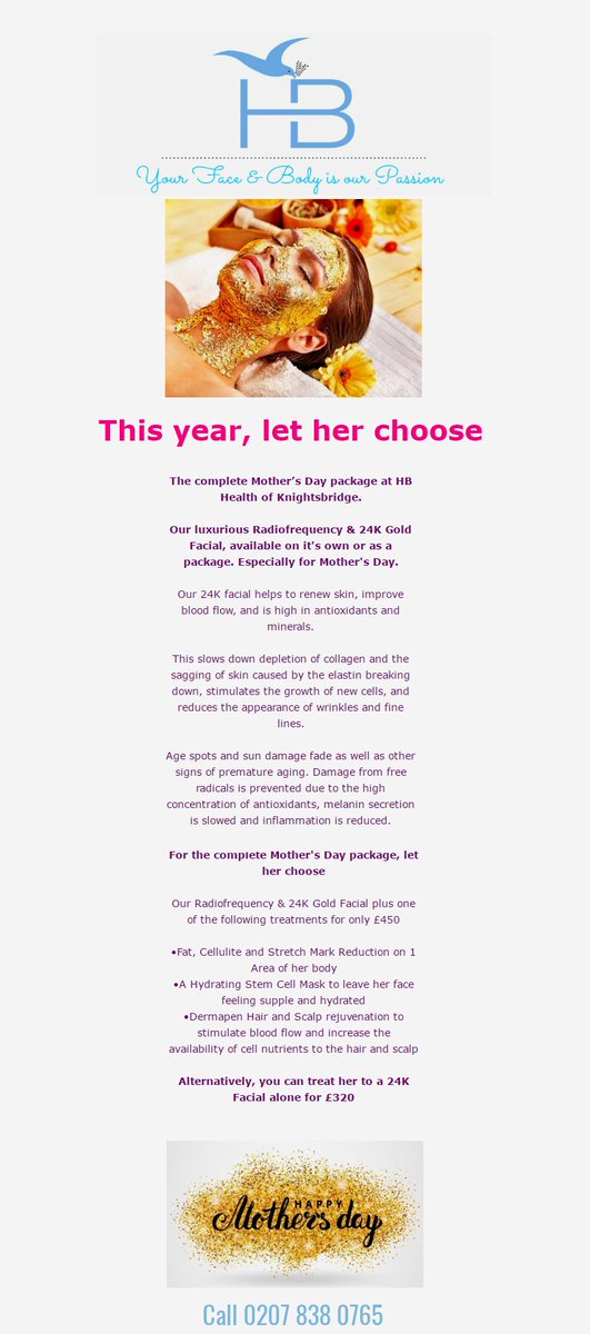 HBHealthLondon's tweet photo. Our very special Mothers Day Promotion - call 0207 838 0765 #mothersday #aesthetics https://t.co/WTbwWkb5kI