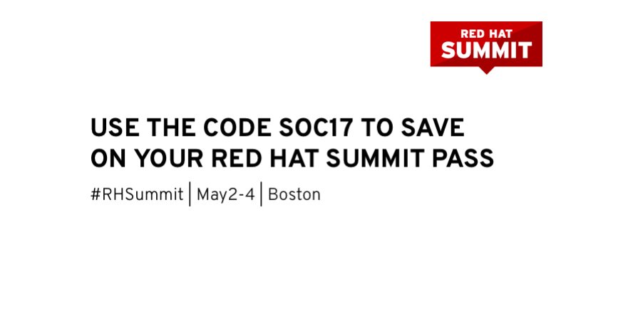 RedHatSummit's tweet photo. We want to thank all of our amazing followers! Use the code SOC17 to save on your pass to #RHSummit. https://t.co/SbmxpkYZ5R https://t.co/vnZ0Iqy4V5