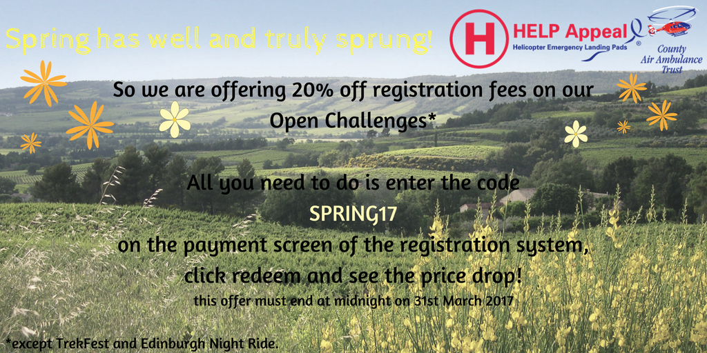 HelipadHELP's tweet photo. Our #Spring Sale is now on for our #HELPAppeal Challenges! Book now using SPRING17 to get 20% off! https://t.co/2ZUdotQGZ1 #Make2017Count https://t.co/ZbefHuj7xj