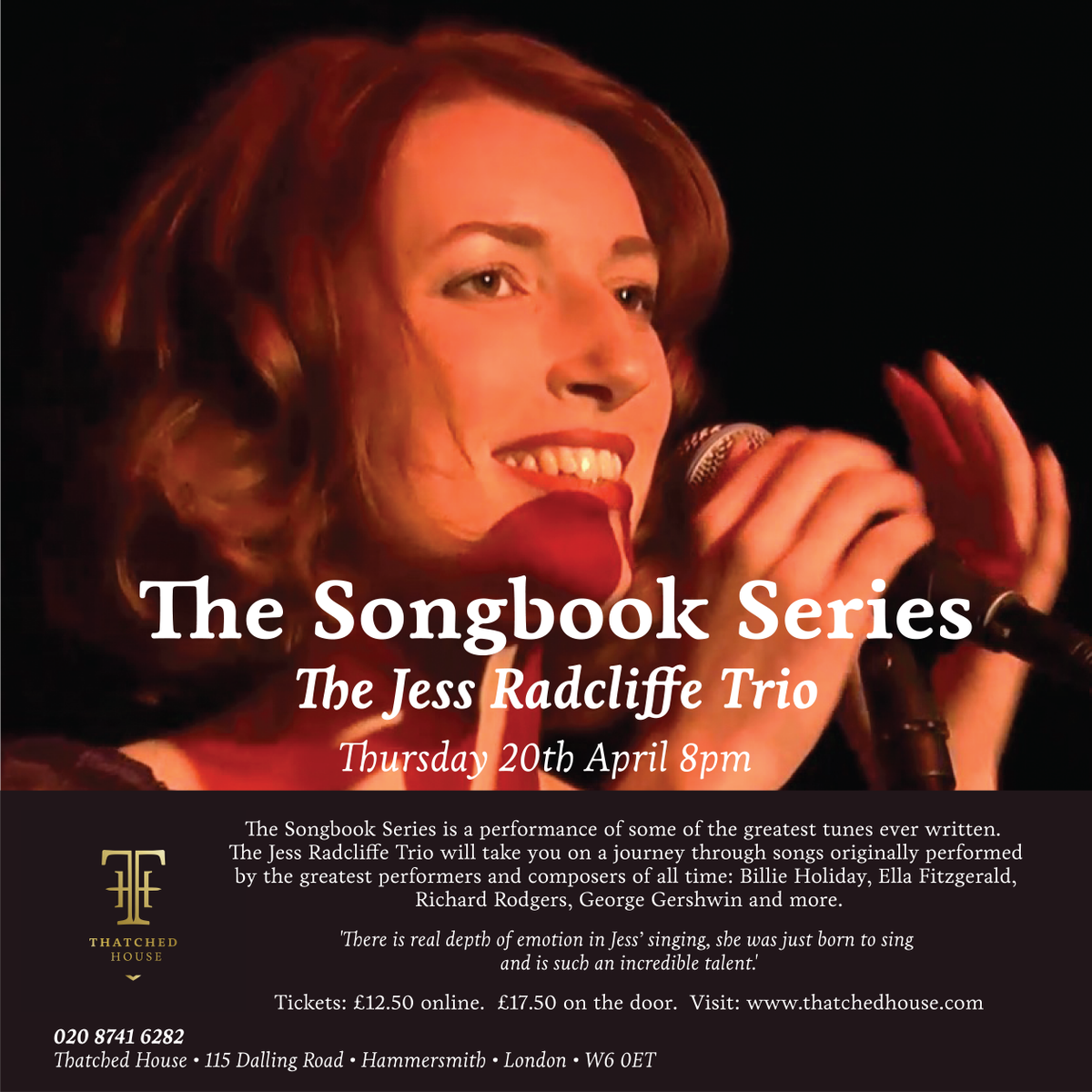 #TheSongbookSeries #TheJessRadcliffeTrio <a href="/JRadcliffeMusic/">Jessica Radcliffe</a> <a href="/ThatchedHouseUK/">Thatched House</a> 115 Dalling Rd W6 0ET 20 Apr 8pm Tickets: ow.ly/tHlz30a6NC2