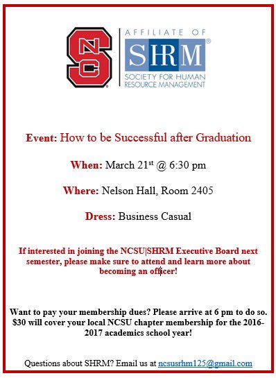 REMINDER } NCSU|SHRM's Chapter Meeting is TONIGHT @ 6:30 pm in Nelson 2405! Join us for info/tips for finding success after you graduate!