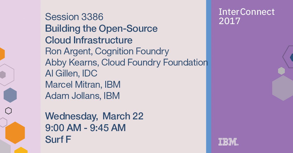 Excited to be talking #opensource #cloud at #IBMInterConnect tmr w/ <a href="/ab415/">Abby Kearns</a> @ronargent &amp; <a href="/algillen/">Al Gillen</a> #CloudFoundry #CognitionFoundry #IDC #IBM