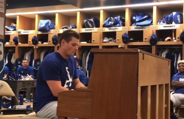 RiceMusicHouse's tweet photo. Pitcher Trevor Oaks puts on a show in the Dodgers clubhouse https://t.co/xqMB8MYGg8 https://t.co/fWmKlt9AqP
