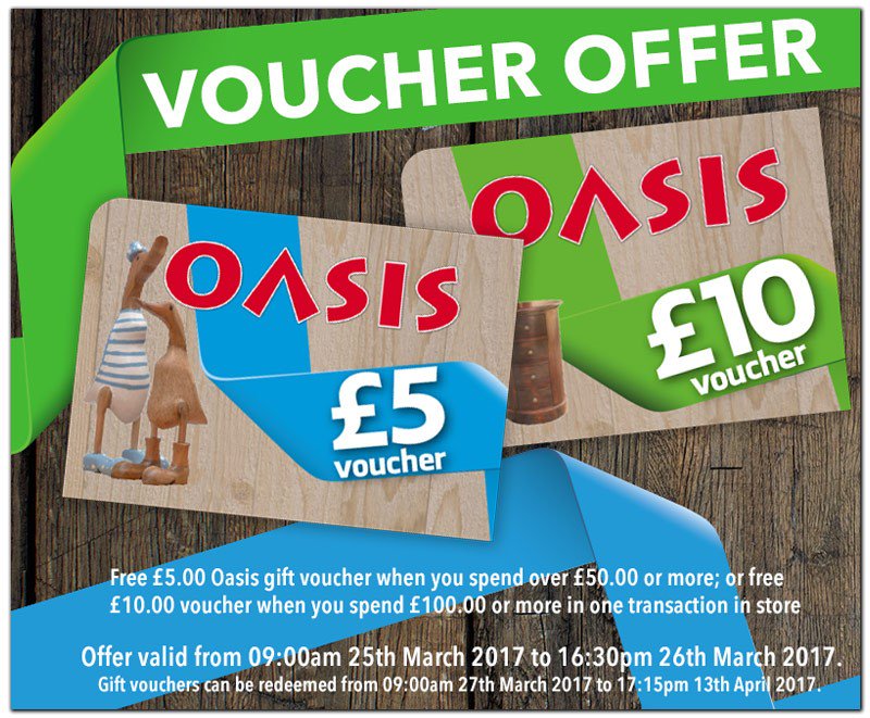 OasisIOW's tweet photo. Free £5 or £10 gift voucher this weekend only at @OasisIOW .  Terms and conditions apply.  #loveoasis https://t.co/0zIUg0ylRF