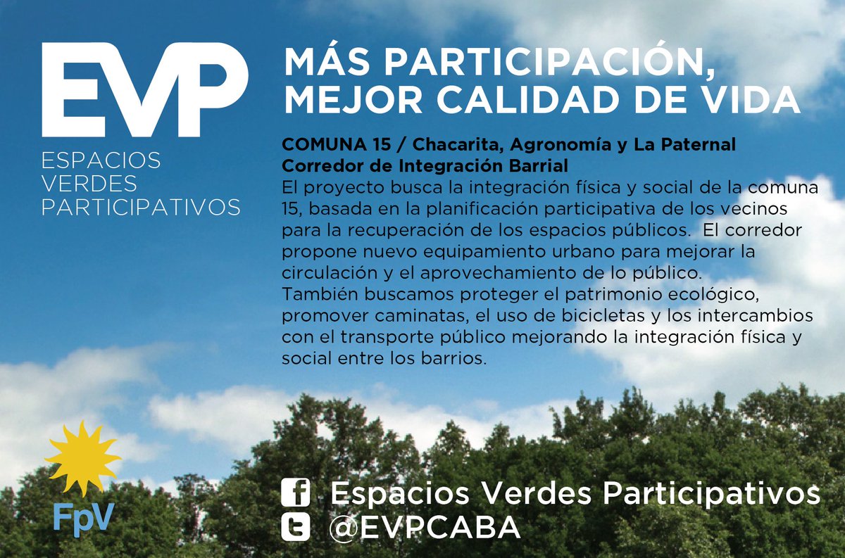 EVPCABA's tweet photo. Comuna 15 - Corredor de Integración Barrial en Chacarita, Agronomía y La Paternal #MásParticipación #MejorCalidadDeVida https://t.co/XFeiNzHBxw