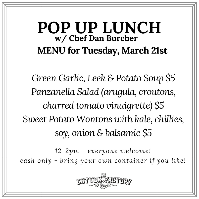 CottonFactoryCA's tweet photo. Everything on today's LUNCH menu is just $5.00! Everyone welcome, 12-2pm! @danburcher @RousseauHouse #HamOnt #lunch #foodie #cowork https://t.co/A6XfxqSVE8