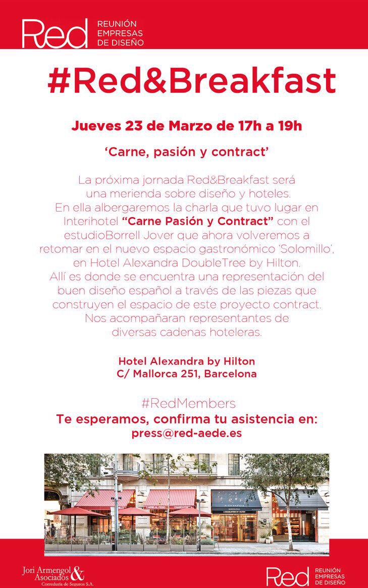 Red_Diseno_FMRE's tweet photo. 📆 Jueves 23 👉🏼 'Carne, Pasión y Contract': Jornada Red&Breakfast sobre diseño y hoteles en el @AlexandraHotel #REDmembers only! #RedContract https://t.co/Ue30m8lpMF