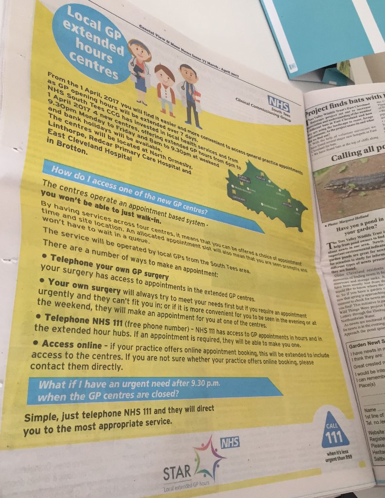 NHSSouthTees's tweet photo. Have you seen our advert in @CoastalView?  GP &amp; nurse appointments 7 days a week, 8am-9.30pm from 1 April.  https://t.co/Loju5HnydI https://t.co/quZp4Of7hz