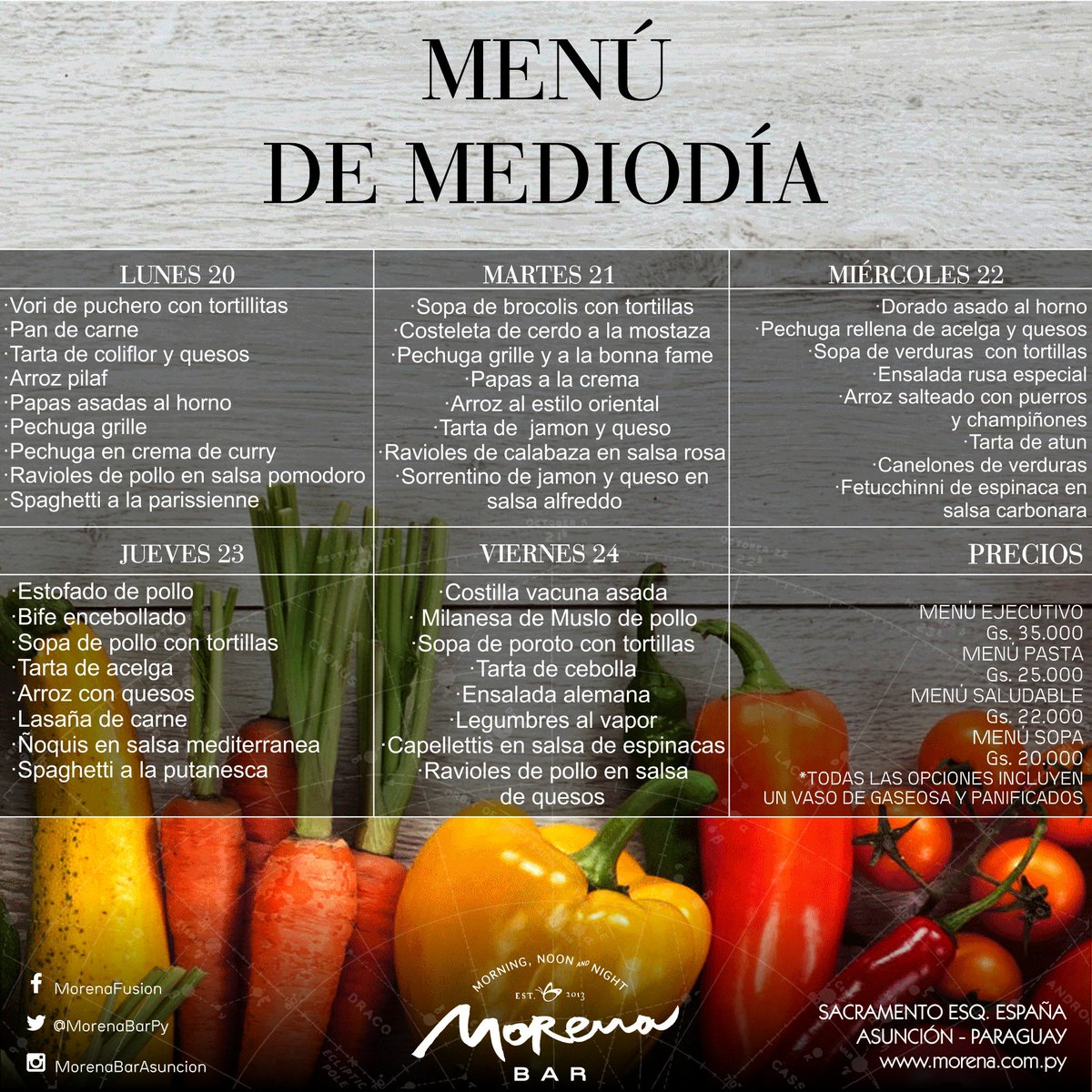 MorenaBarPy's tweet photo. Te esperamos con el Mejor Menú de Medio día del corazón de Asunción!! Info sobre eventos (empresariales, cumples) al 0986.120233 https://t.co/t0LYjI6QRv