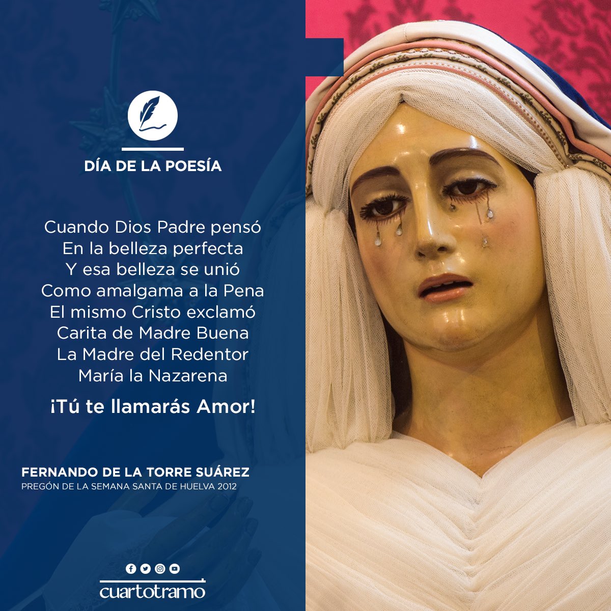 Hoy nos queremos unir al #DiaMundialDeLaPoesia con estos versos de Fernando de la Torre a María Santísima del Amor #Huelva