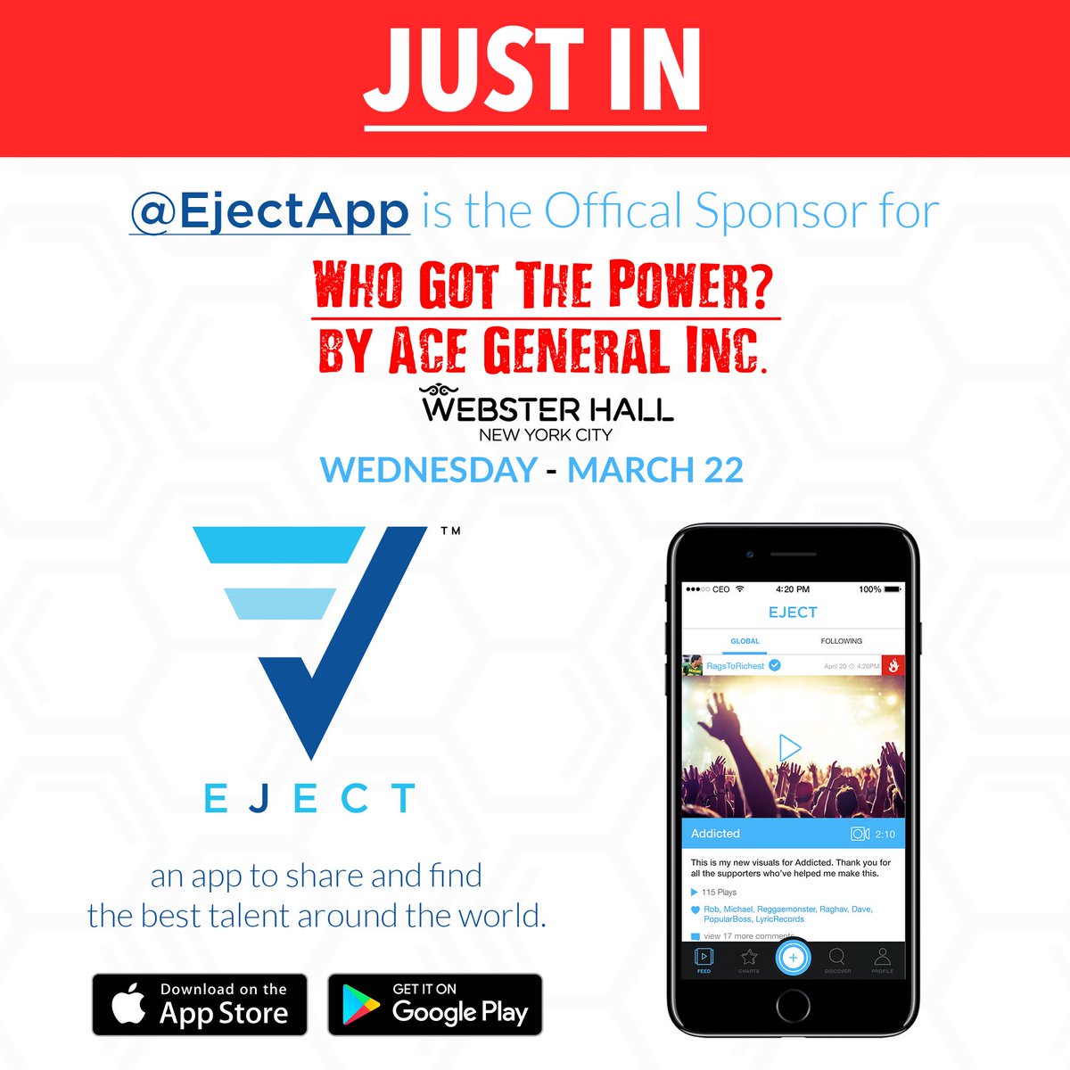 Ejectapp's tweet photo. Tomorrow we are the official sponsor for @ACEGENERALMUSIC and @djself #WhoGotThePower concert. #FromTheBottomUp https://t.co/pIWXNonNvQ