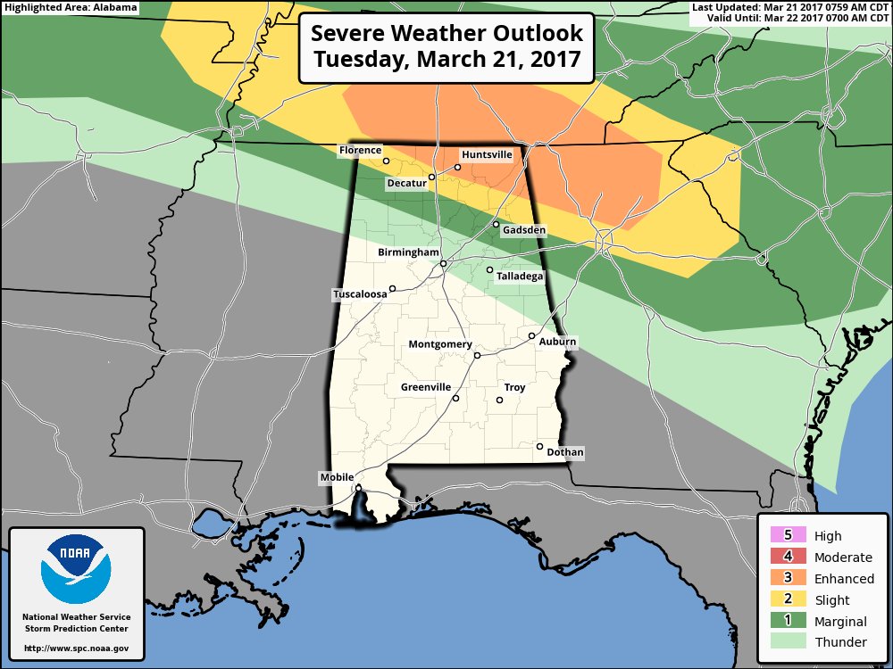 spann's tweet photo. SPC upgrades the northeast corner of Alabama to an “enhanced” risk for later today/early tonight… Hail and strong winds are the main issues https://t.co/wze1USB7lP
