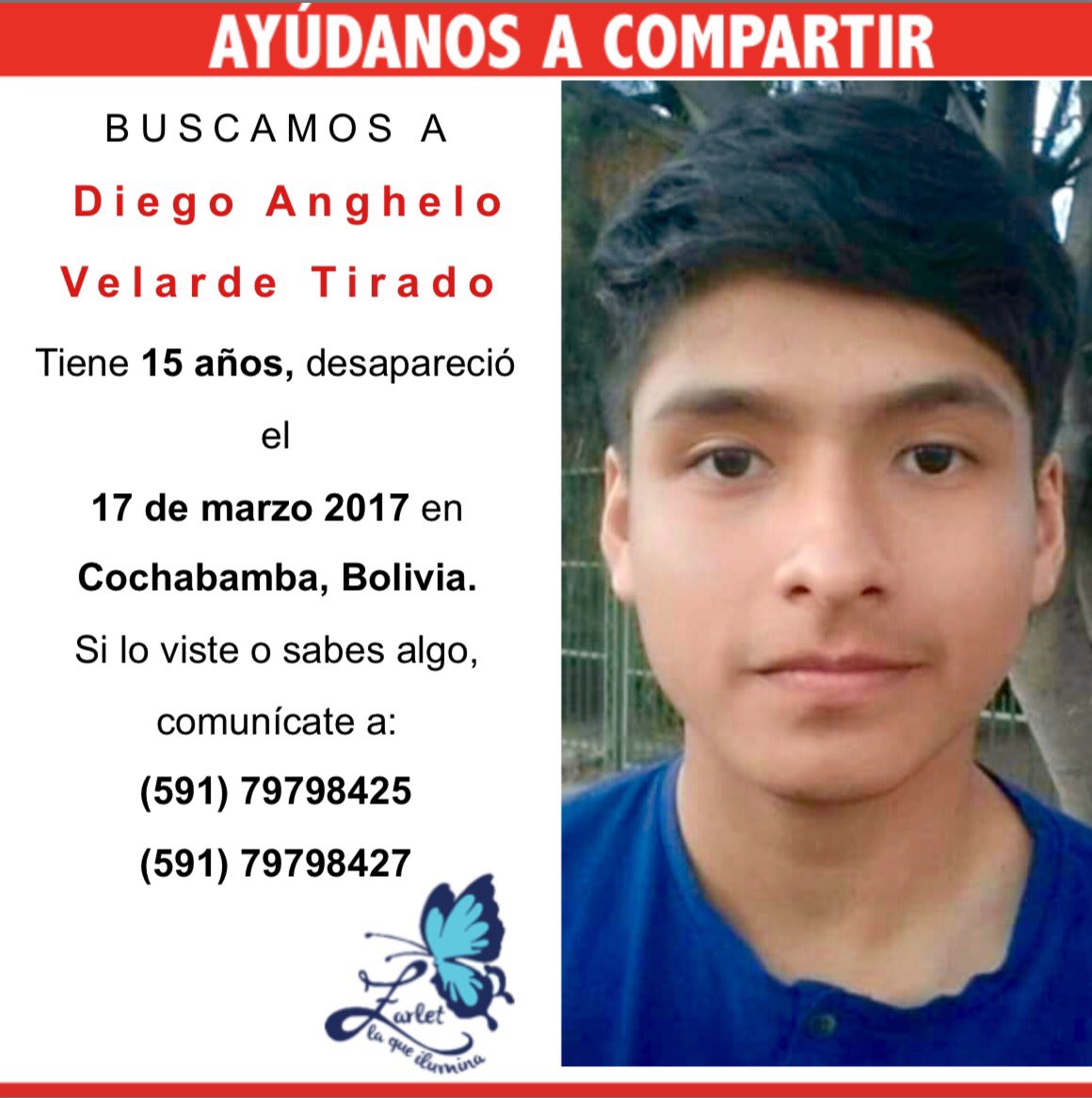 smmsMar's tweet photo. Ayudemos a encontrarlo! #RedAlertaTempranaZar #BoliviaUnidaContraLa Trata @AndrsGomezV @JimenaAnteloT @ejutv @pagina_siete @MindeGobierno https://t.co/UM26sZHlNm