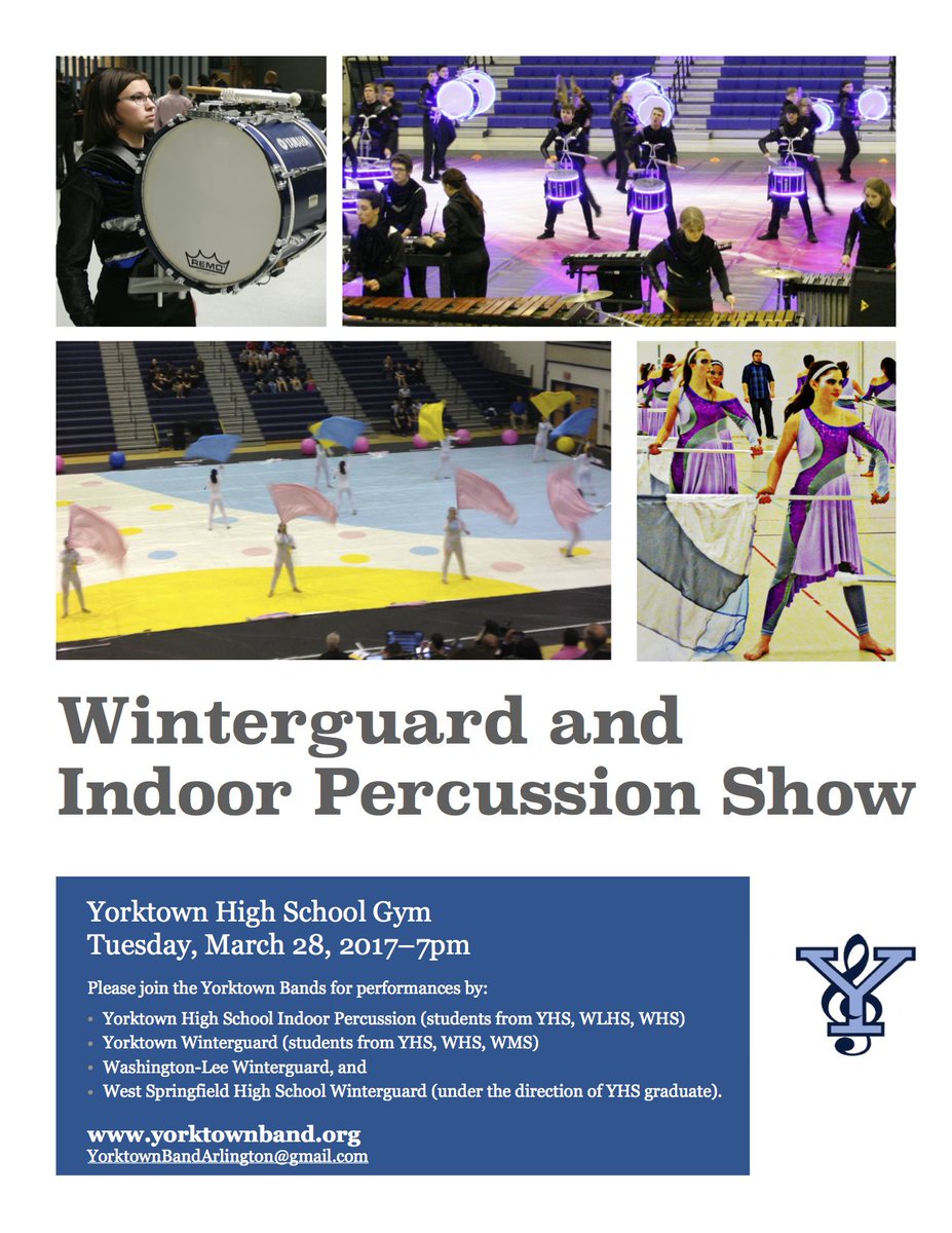 One week away! Tues 3/28, 7pm.  Come enjoy winterguard and indoor percussion Home Show in the YHS Gym.  One night only-don't miss it!