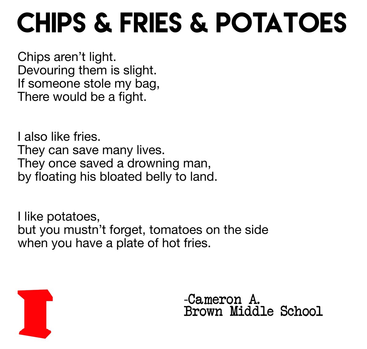 PodiumRVA's tweet image. It&apos;s #WorldPoetryDay! Some think poems have to be deep, lovely, or melancholy - but they can be fun too! Who else loves fries?! 🍟😂❤