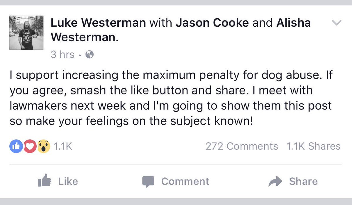 LukeWesterman's tweet photo. Animal abuse leads to human abuse. If legislators don't nip this defective behavior in the bud, they are guaranteeing future victims. https://t.co/DS0xAvXRu4