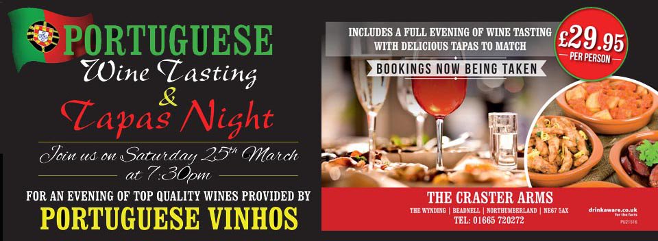 crasterarms's tweet photo. #NorthEastHour we've few tables for the Portuguese wine tasting &amp; tapas night, Saturday! Loads of top wine &amp; tasty food! Book 📞 01665720272 https://t.co/MlGr7GVi4H