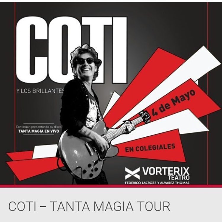 UMArgentina's tweet photo. El 4 de Mayo se presenta @CotiOficial en el Teatro Vorterix ¡No te lo podes perder!  Conseguí tus entradas ahora #TantaMagiaEnVivo ✨ https://t.co/wU4vHkdECx