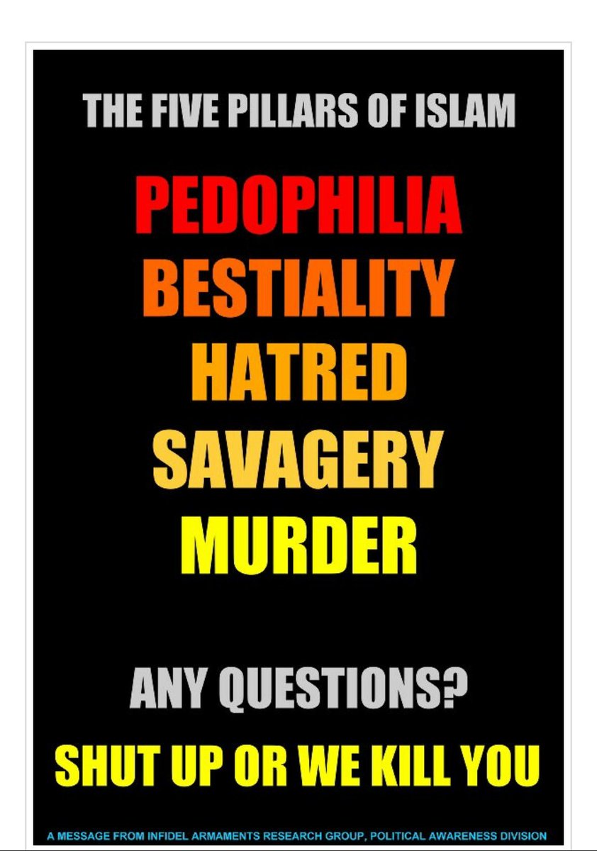 marilynkj's tweet photo. The Five Pillars Of Islam 🔥

#AllahIsNotGod #PedophileProphet #taqiya #BanIslam #NoSharia #DefundCair #IslamIsTheProblem 
#ReligionOfEvil 👺 https://t.co/TnHUW2a5uM