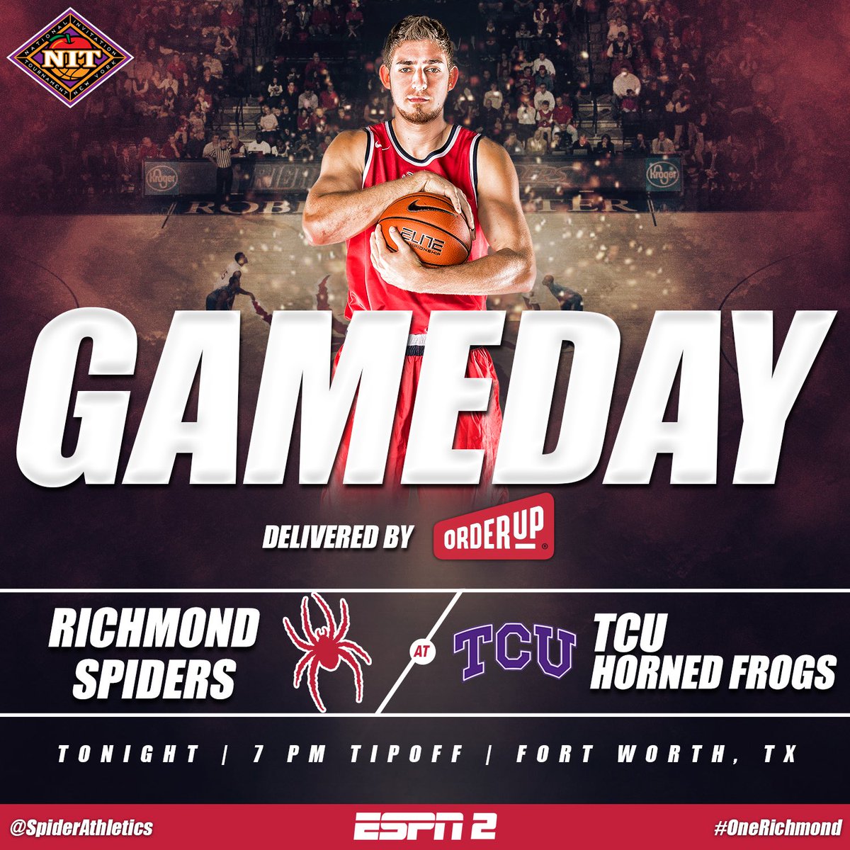 SpiderAthletics's tweet photo. It's GAME DAY Delivered by @OrderUp_RVA!  @SpiderMBB visits TCU in the 3rd round of the NIT! Tipoff is set for 7 PM! #OneRichmond https://t.co/h6eXoh6WFj