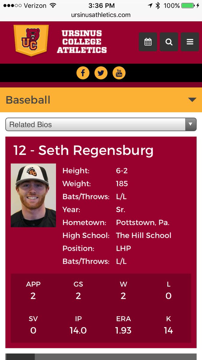 CONGRATS to our own Beast of the Week Seth Regensburg <a href="/Pacifico_12/">red ranger</a> pitcher <a href="/UrsinusCollege/">Ursinus College</a> who dominated in his recent games in Florida!